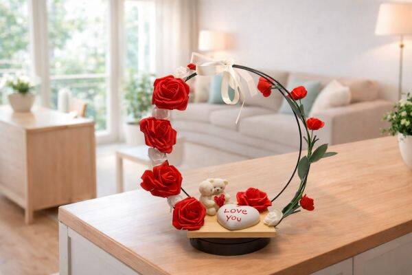 Gesteck Ringe mit Rosen und Kerze
