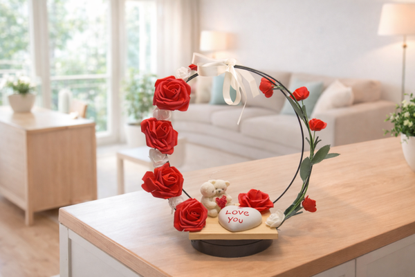 Gesteck Ringe mit Rosen und Kerze