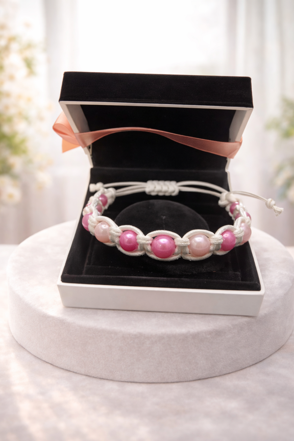 Lederarmband weiß mit rosa und pinken Perlen