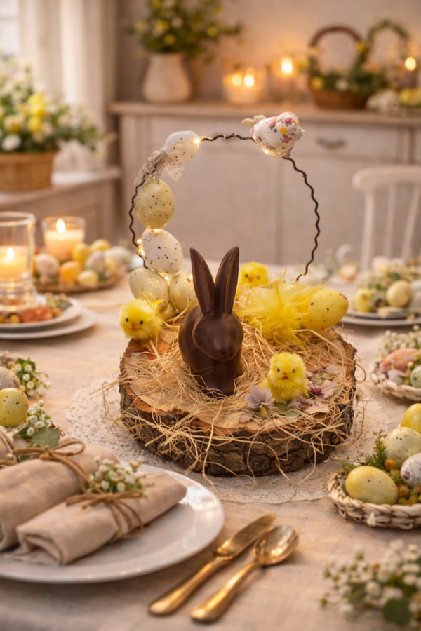 Gesteck Hase auf Holz Holzplatte Ostern