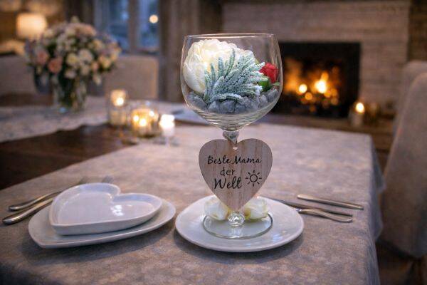 Gesteck Glas mit Blumen