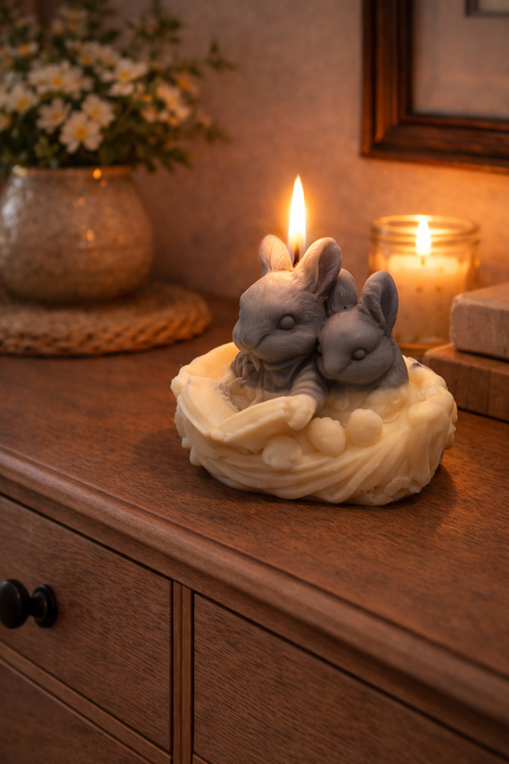 Kerze  lesende Hasen Ostern