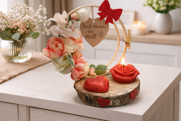 Gesteck Holzplatte mit Blumen und Kerze
