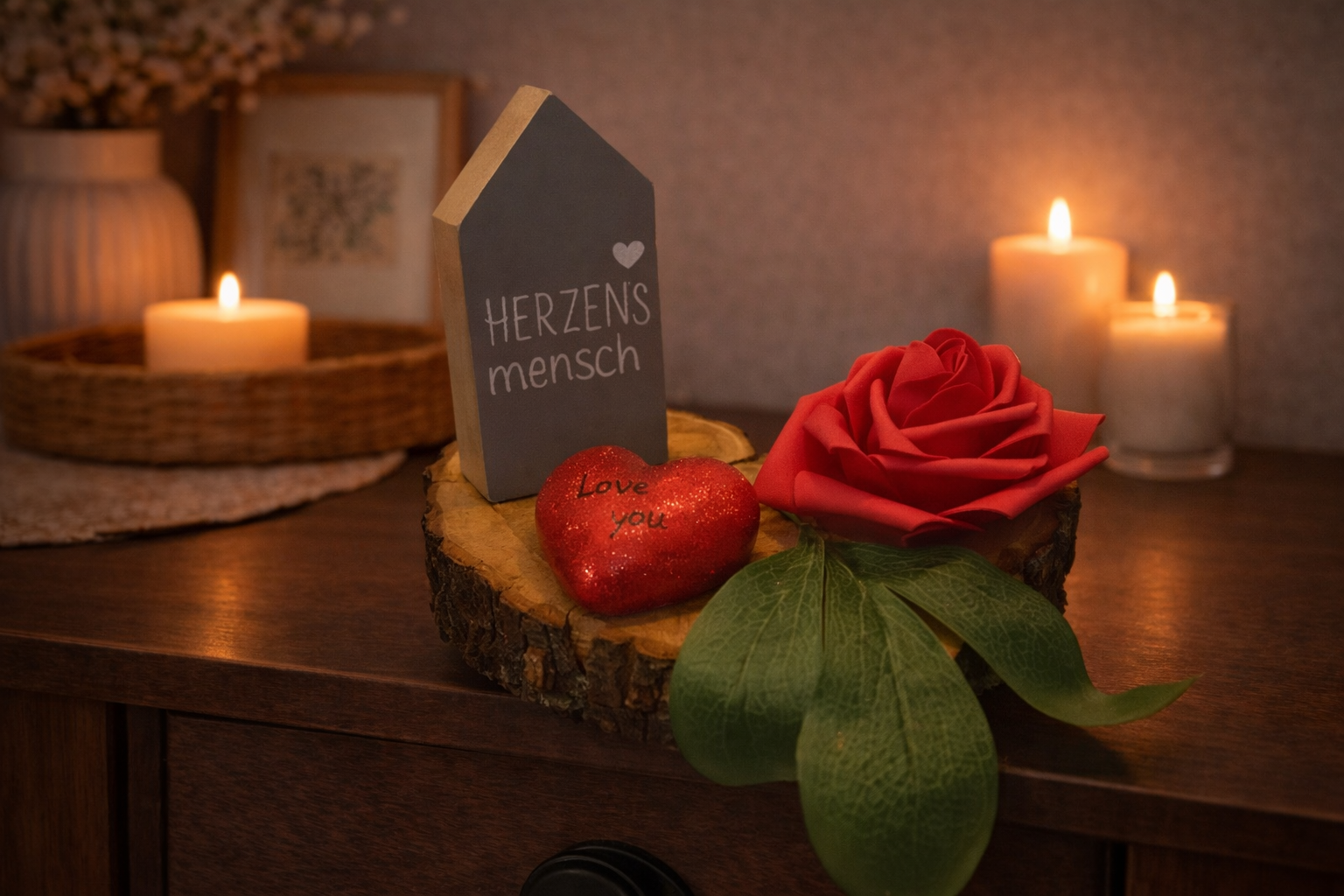 Gesteck Rose mit Herz und Haus