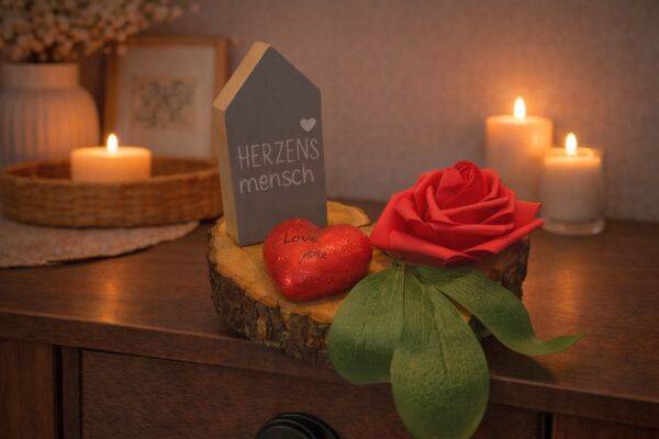 Gesteck Rose mit Herz und Haus