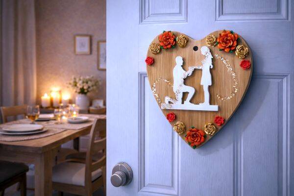 Gesteck Holzherz mit Gips Blumen Heiratsantrag
