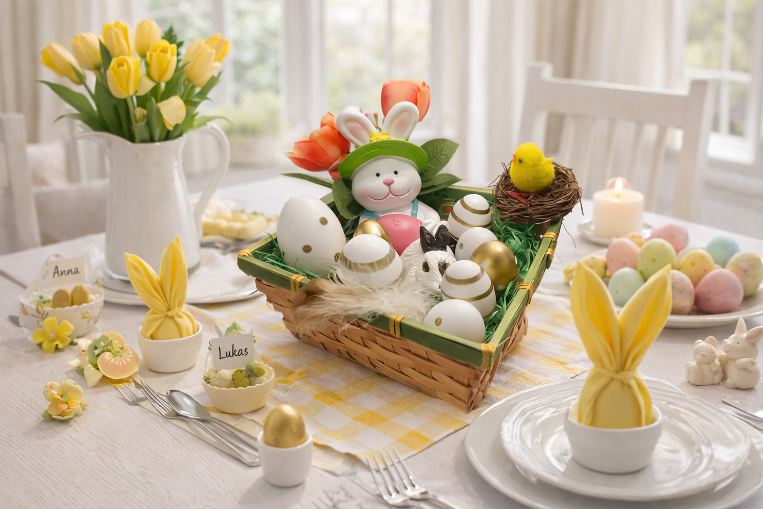 Gestecke Osterhasen mit Eier im Körbchen