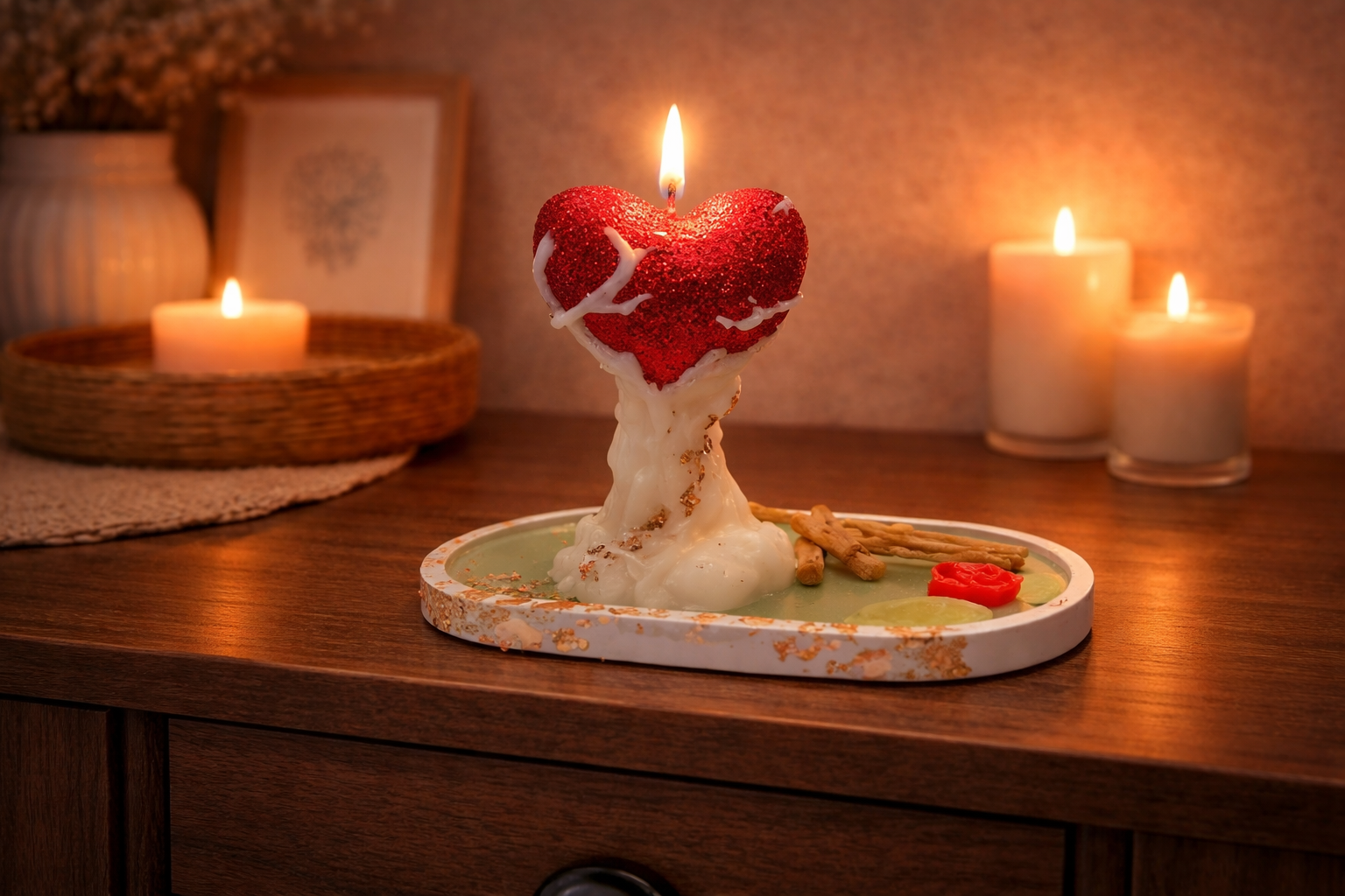 Gesteck Kerze Herzbaum auf einer Platte