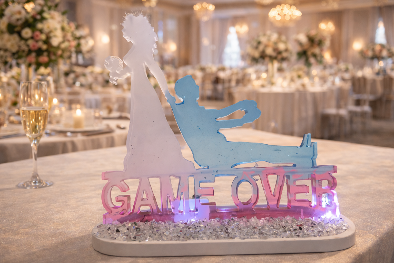 Gesteck Epoxidharz Game Over Hochzeit mit Beleuchtung