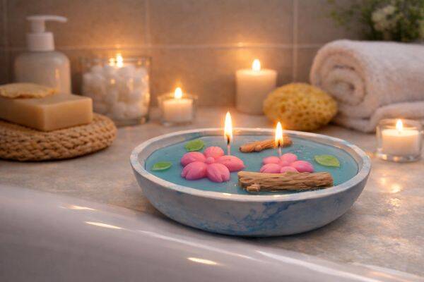 Kerze Kerzenschale mit Blumen und Holz