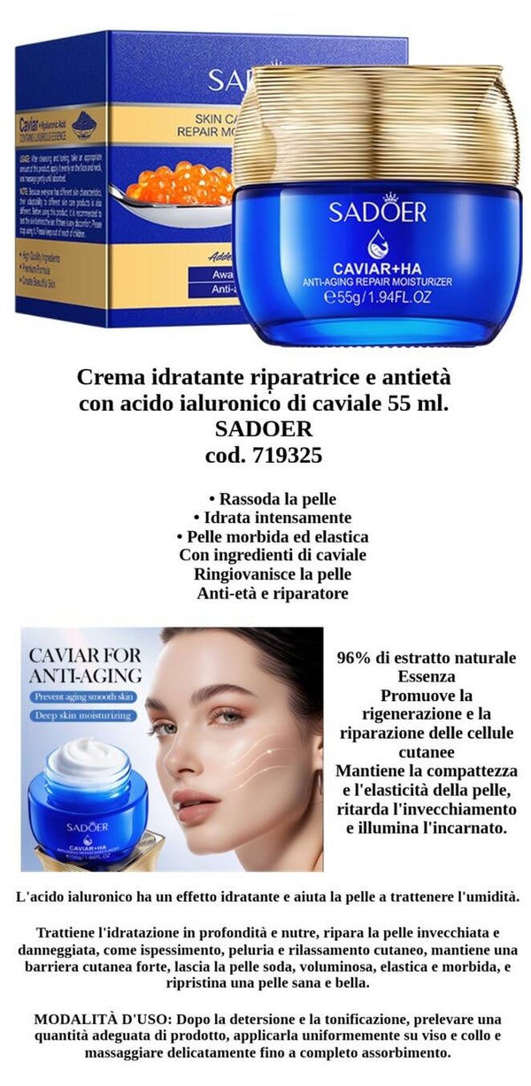 crema idratante riparatrice e antietà con acido ialuronico di caviale Sadoer
