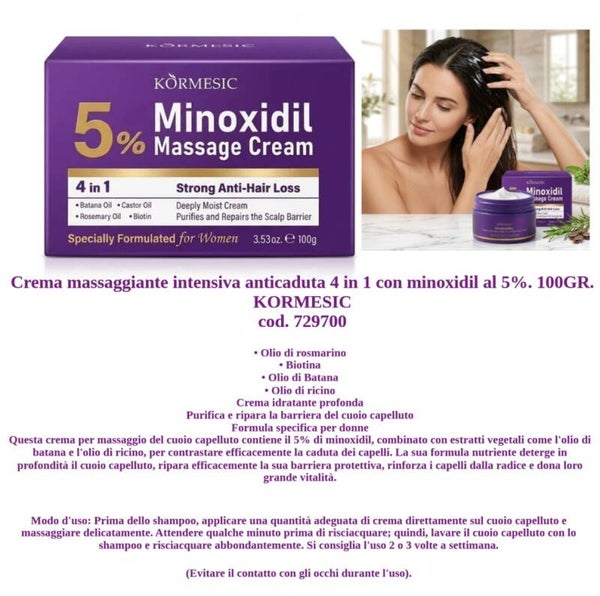 crema massaggiante intensiva anticaduta con minoxidil al 5% Kormesic
