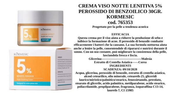set viso notte lenitiva 5% perossido di benzoilico Kormesic