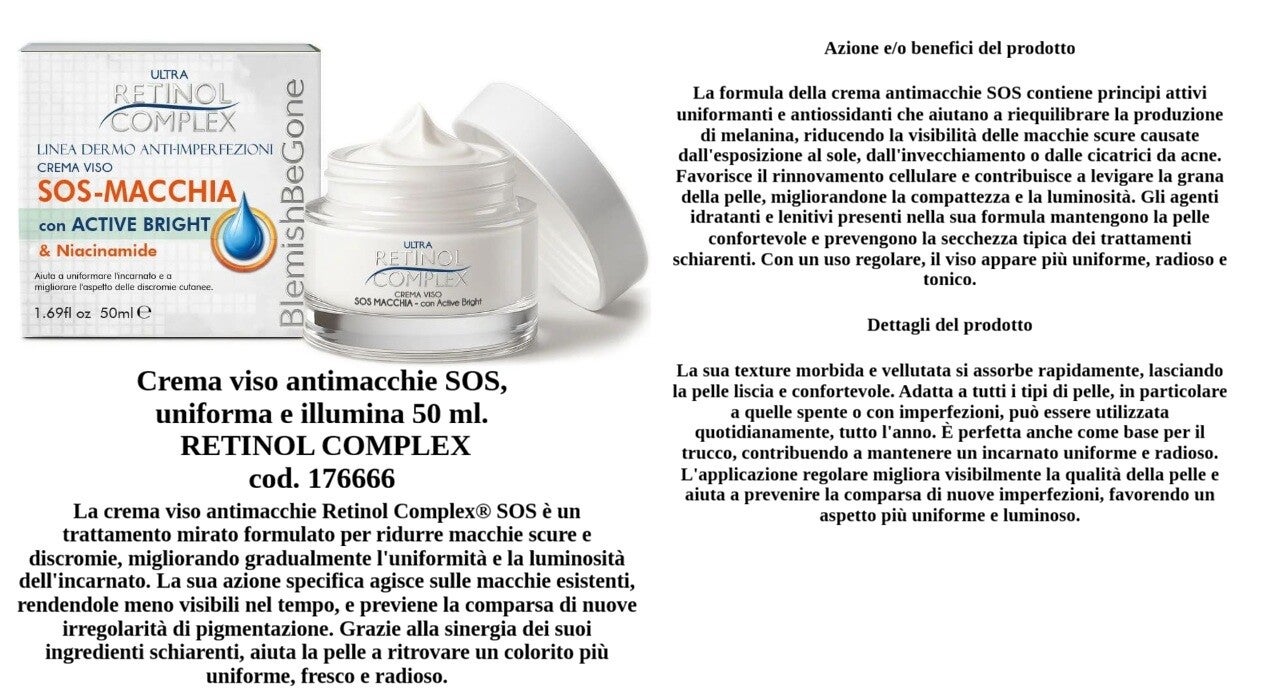 crema viso antimacchia sos, uniforma e illumina Retinol Complex