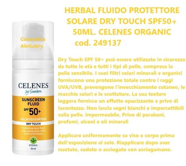 herbal fluido protettore solare dry touch SPF50+ 50ml Celenes organic