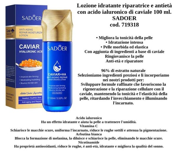 lozione idratante riparatrice e antietà con acido ialuronico di caviale Sadoer