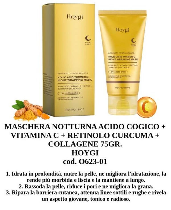 maschera notturna con acido glicolico, vitamina C, retinolo curcuma e collagene Hoygi