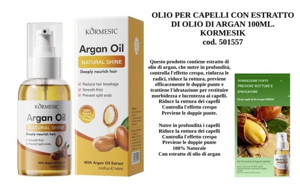 olio per capelli con estratto di olio d'argan Kormesic