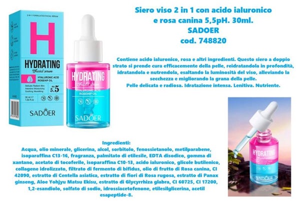 siero viso 2 in 1 con acido ialuronico e rosa canina Sadoer