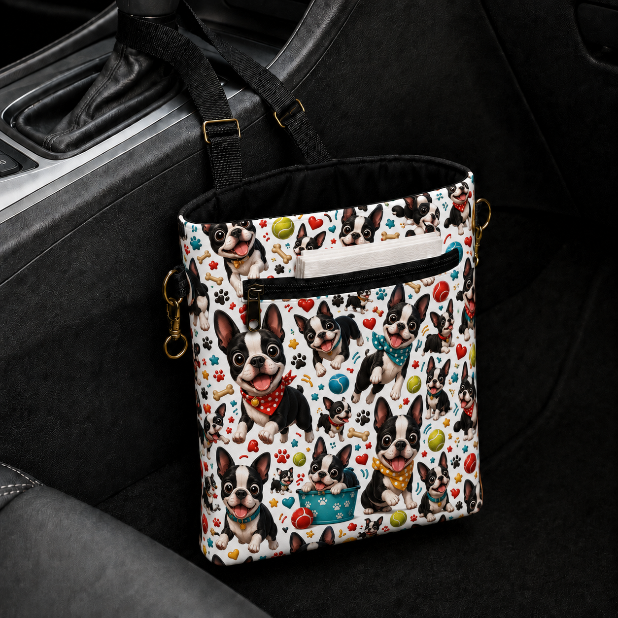 Playful Boston Terrier Car Trash Bag