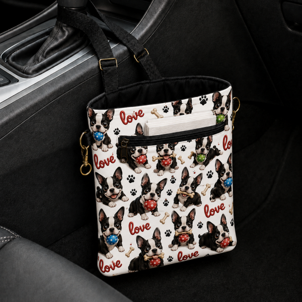 Boston Terrier Car Trash Bag with Zipper Pocket