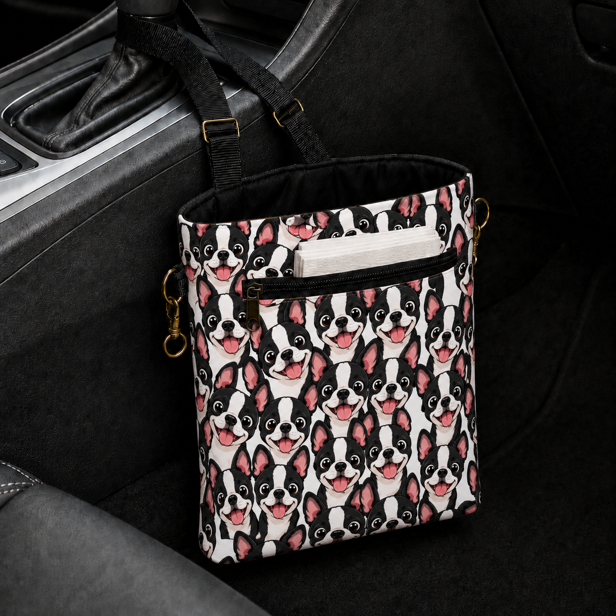 Boston Terrier Car Trash Bag with Zipper Pocket