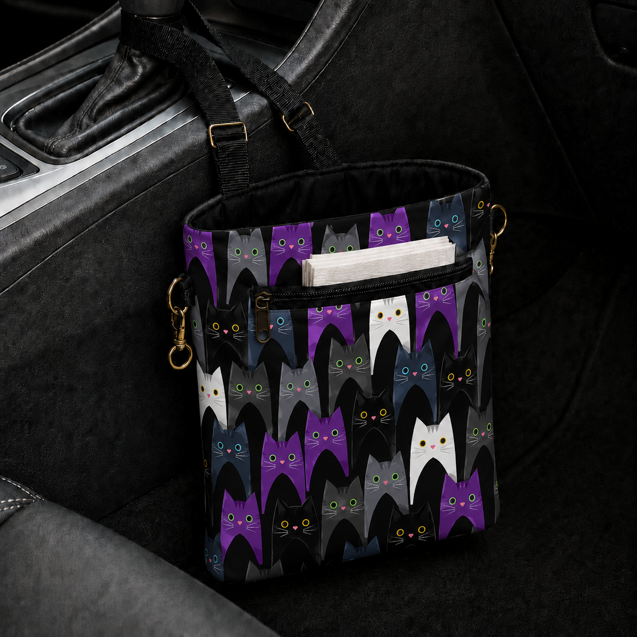 Purple and Black Cat Car Trash Bag