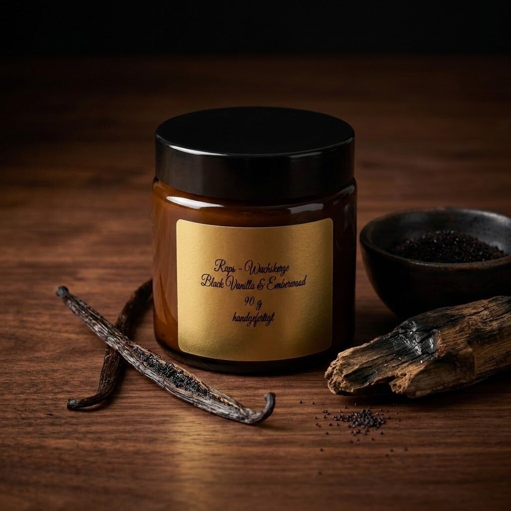Black Vanilla & Emberwood · Duftkerze aus Rapswachs im Braunglas, 90 g
