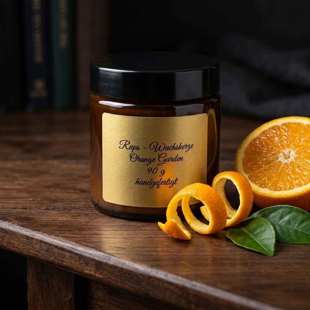 Orange Garden · Duftkerze aus Rapswachs im Braunglas, 90 g