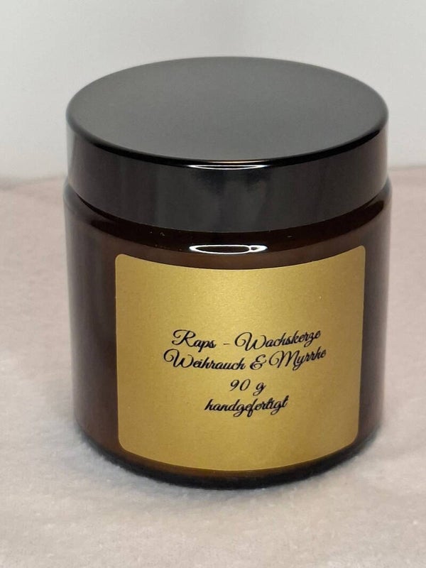 Weihrauch + Myrrhe· Duftkerze aus Rapswachs im Braunglas, 90 g