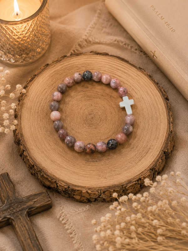Pink stone bead cross bracelet