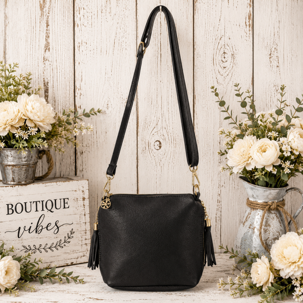 Vegan leather medium crossbody purse with tassel