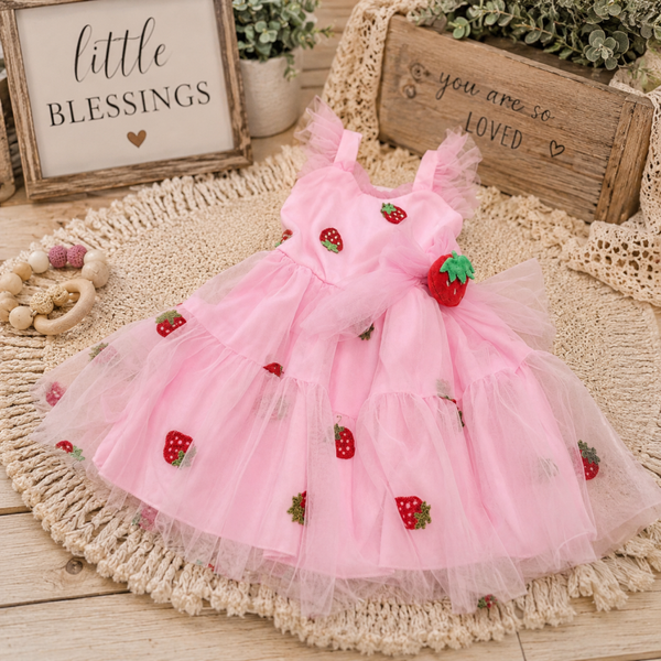 Pink Strawberry print tool dress Size 6-12mo.