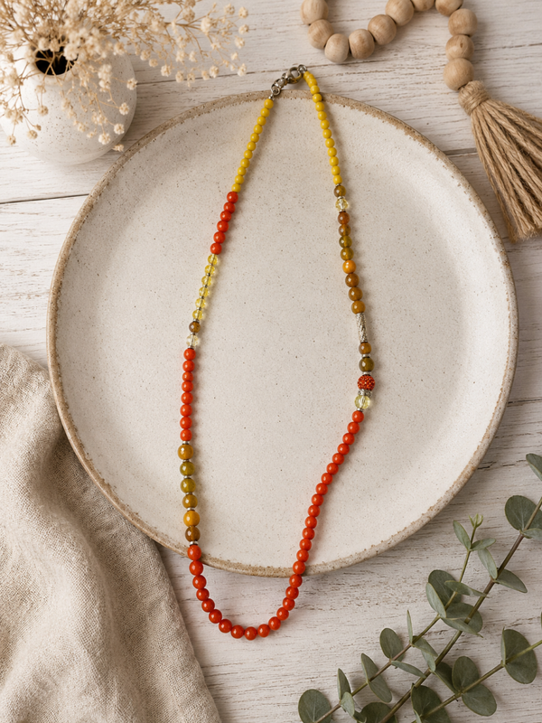 Orange and white beaded long necklace