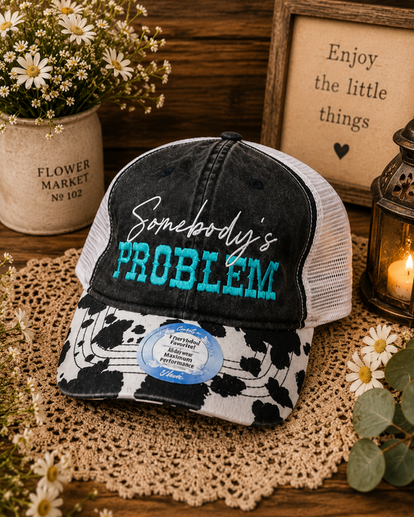 Sombody's Problem Black/White cowprint snapback ponytail hat