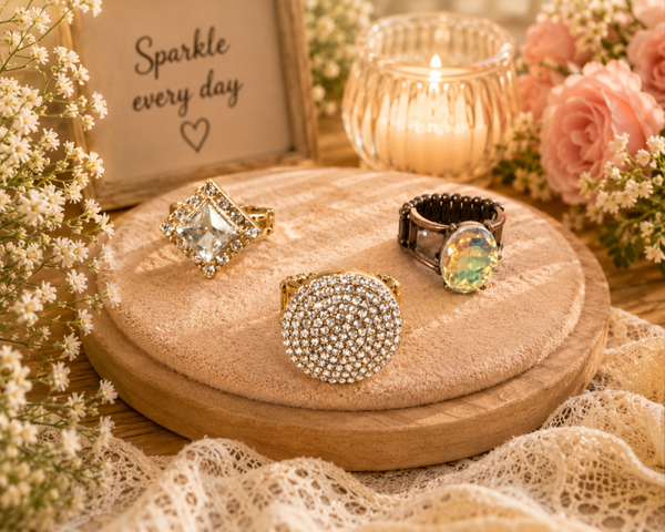 Crystal gold toned ring trio set