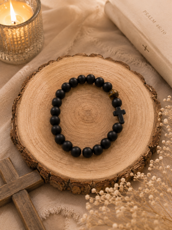 Black stone bead cross bracelet