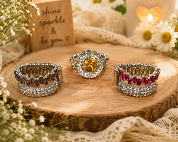 Gold crystal ring trio set