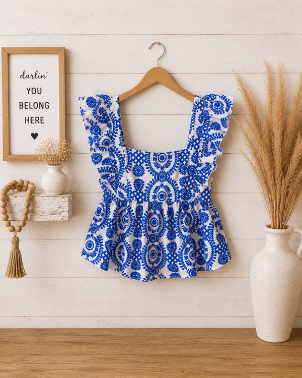 Blue & White ruffled tank size small