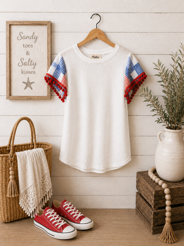 Haptics white waffle top with red-white-blue sleeves Size Medium