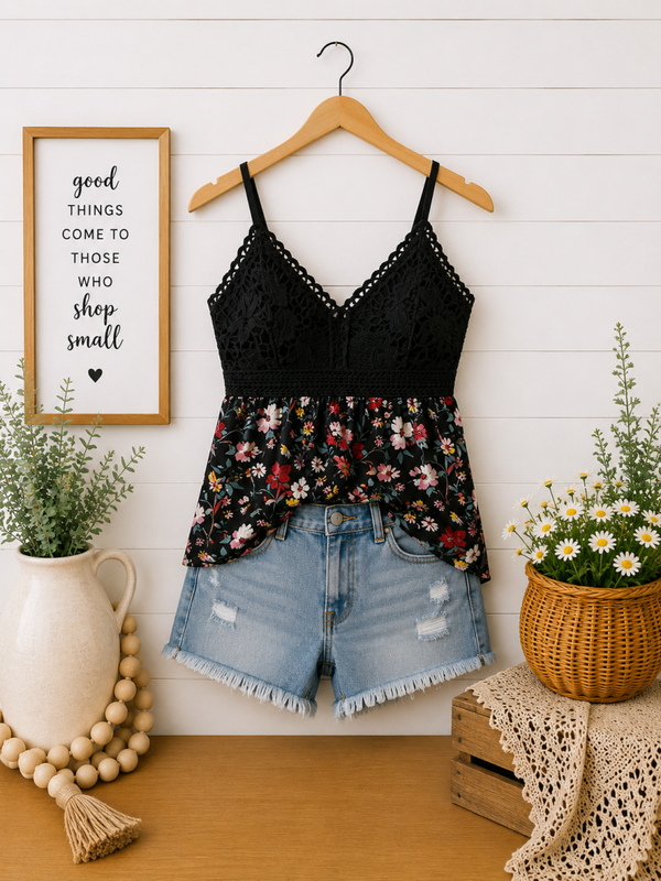 No bounds black flowered crochet tank top Size Large