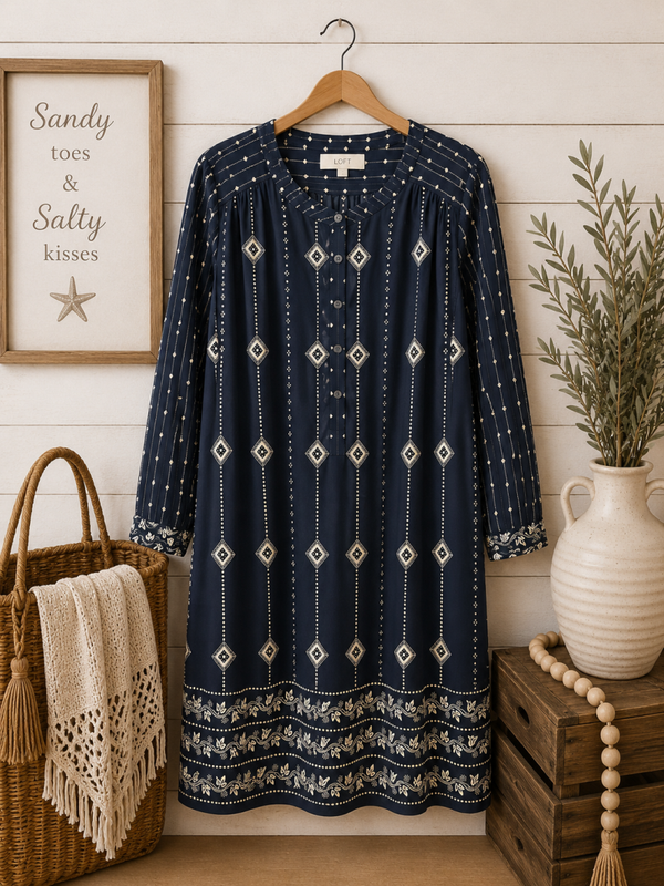 Loft navy and cream dress mid length Size Large