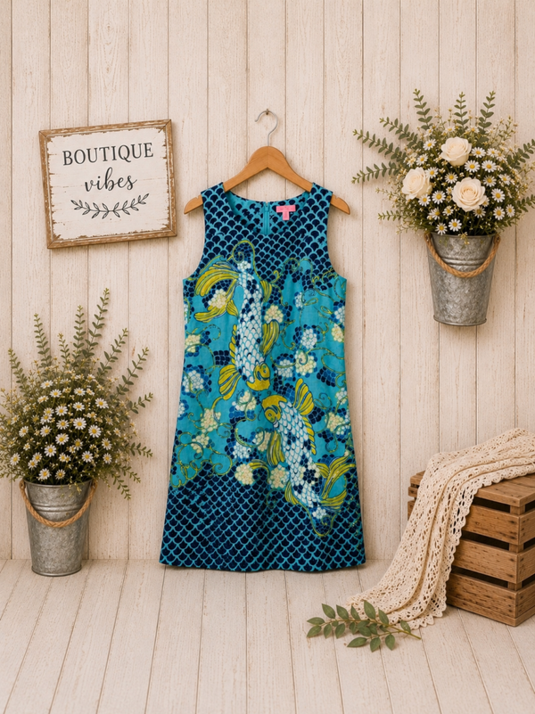 Lilly Pulitzer Blue koi fish floral multi shift dress Size 12