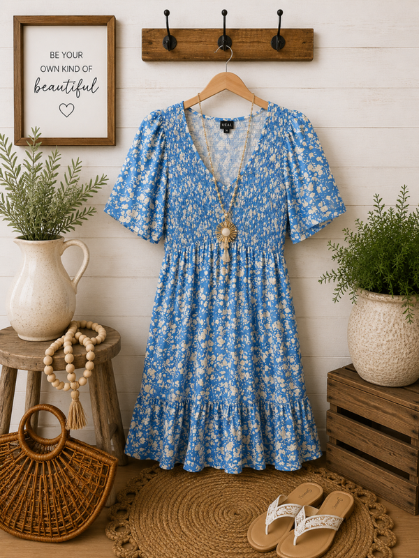 UEAL blue & white print stretch top dress Size Medium