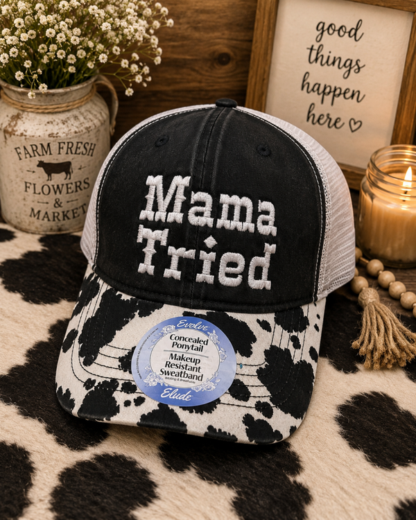 Mama Tried Black/White cow print snapback ponytail hat