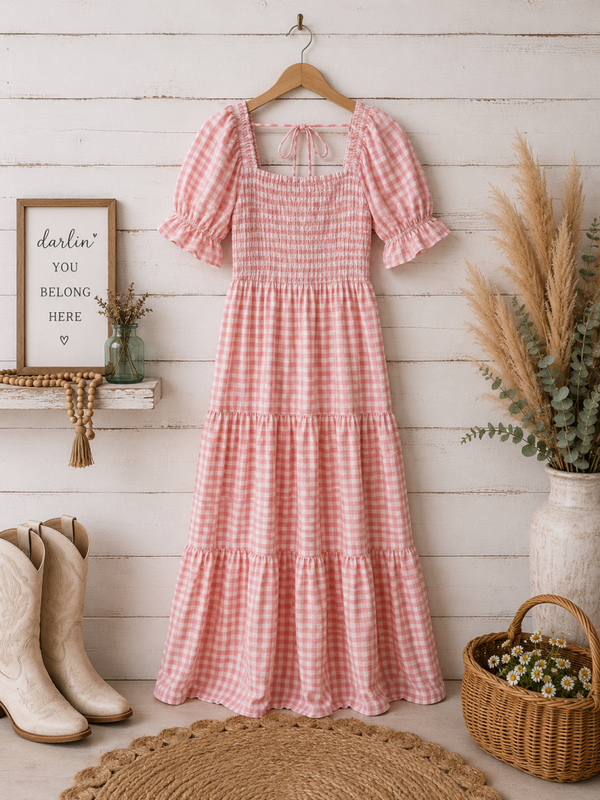 Zesica pink & white checkered print maxi dress Size Medium