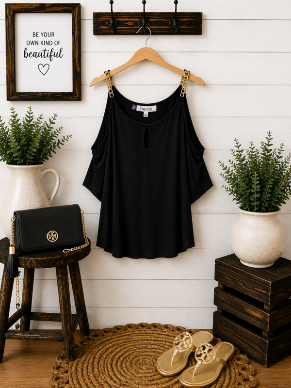 Jennifer Lopez Black cold shoulder top Size Large