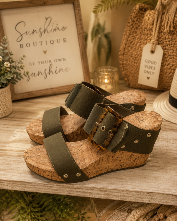 Army green cork heels Size 8