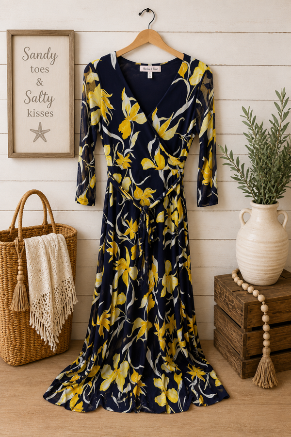 Harlow & Rose Navy & yellow printed maxi dress Size Small