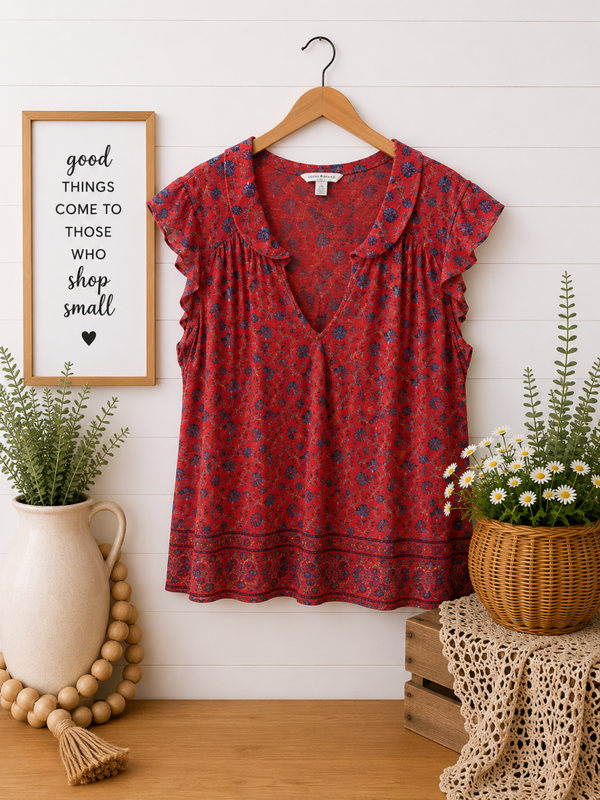 Lucky Brand red & blue printed top Size Large